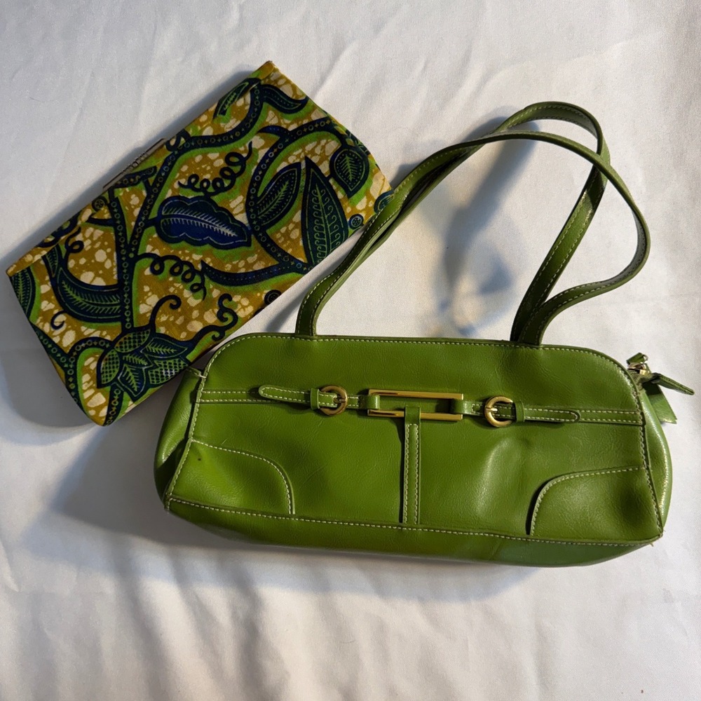 Aya Morrison Green Faux Leather Shoulder Bag and Patterned Cloth Clutch Set